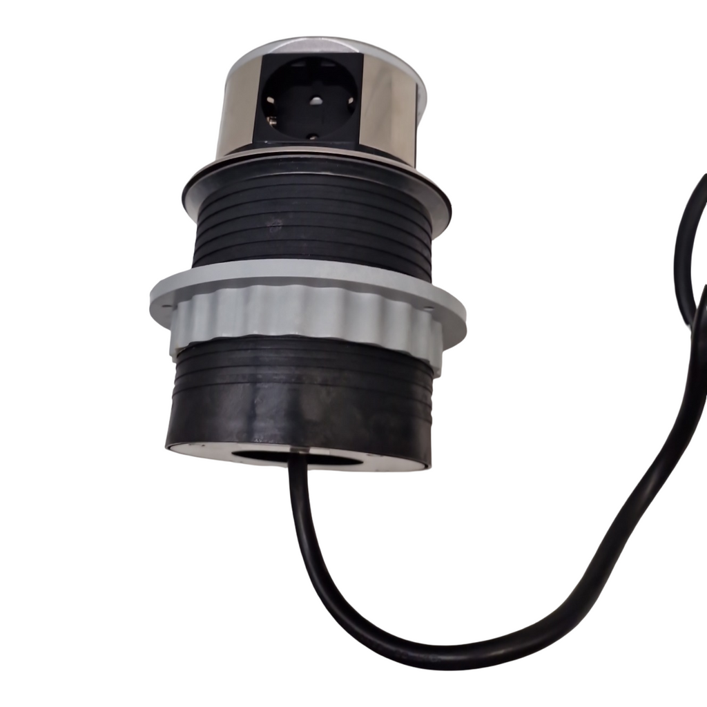 Ekotech ET115 Steckdosentower versenkbar mit QI Ladefunktion USB-C & A 3 Schukosteckdosen Alu Edelstahl-Effekt