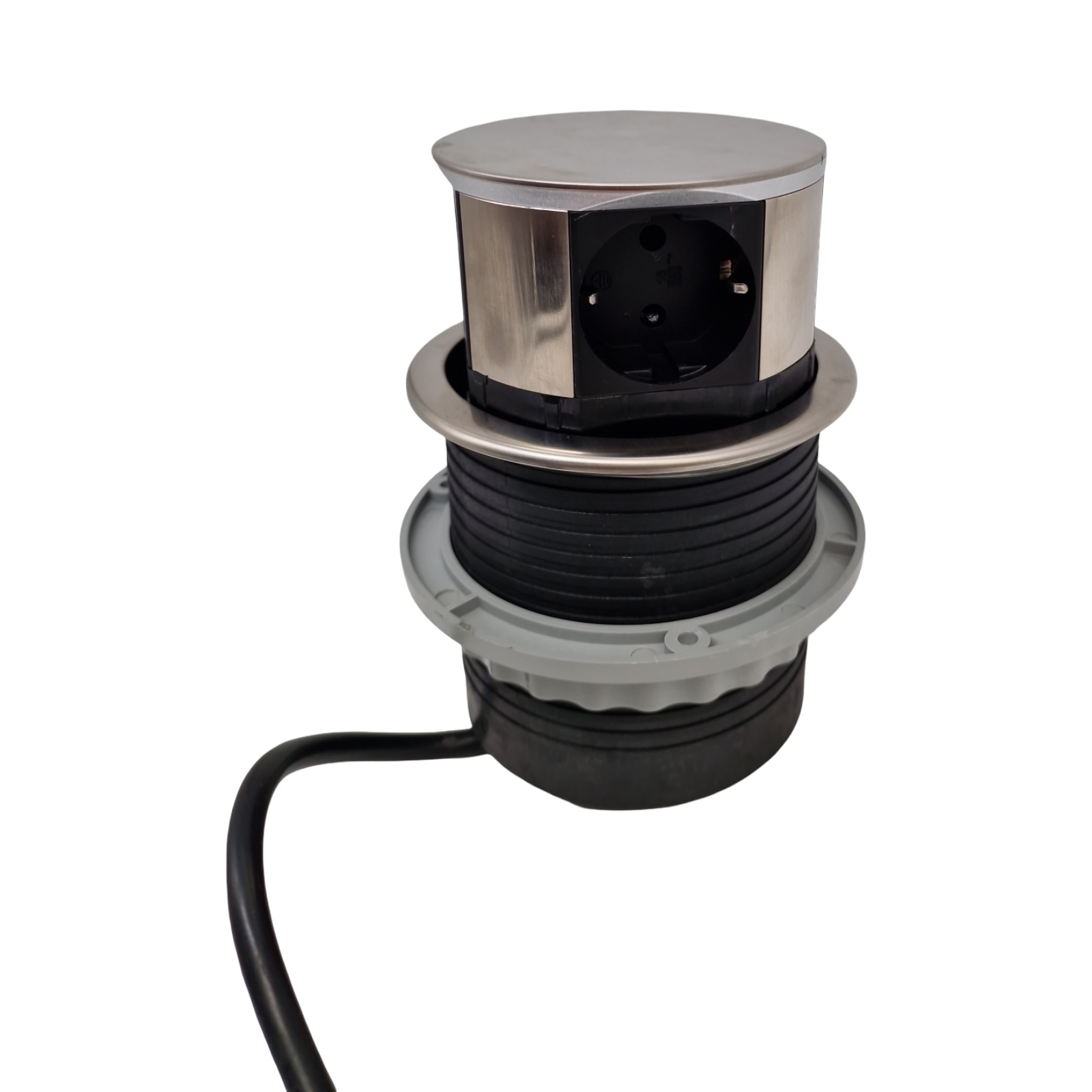 Ekotech ET115 Steckdosentower versenkbar mit QI Ladefunktion USB-C & A 3 Schukosteckdosen Alu Edelstahl-Effekt