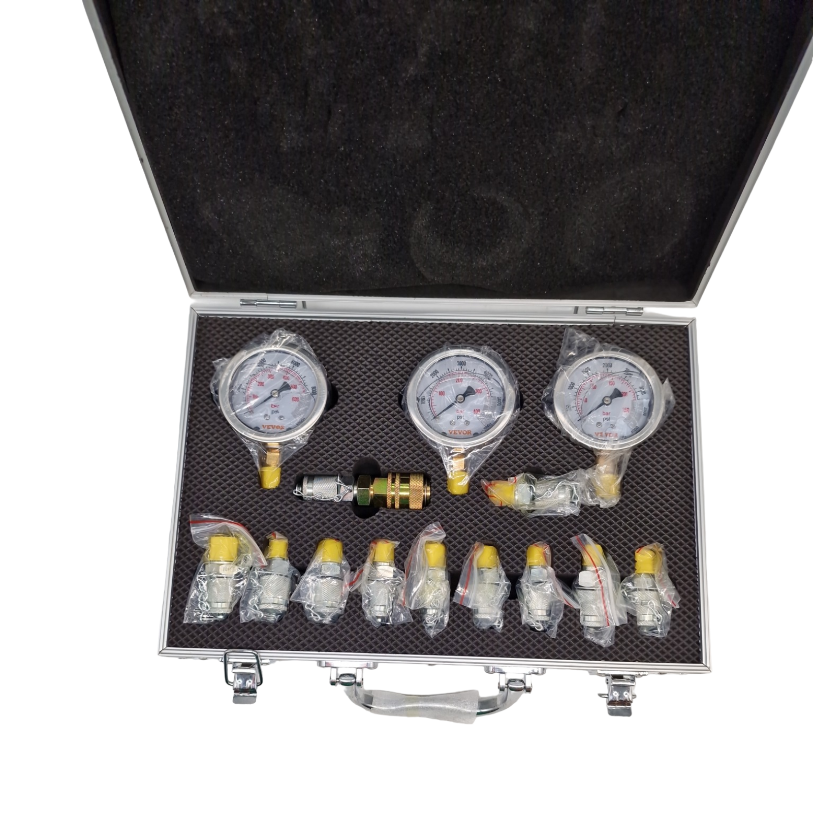 VEVOR Hydraulikdruck-Testset 250/400/600 bar 3 Messgeräte 11 Prüfkupplungen 3 Prüfschläuche für Bagger