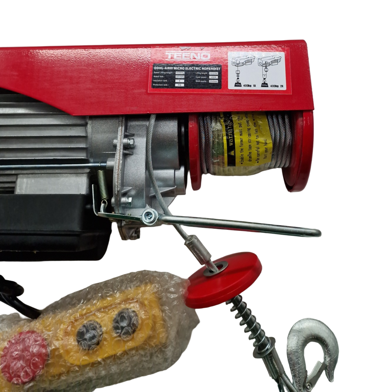 TEENO Elektrische Seilwinde 400kg 800kg 20m Seilzug Kupfermotor 1450W Hubgeschwindigkeit Hebezug