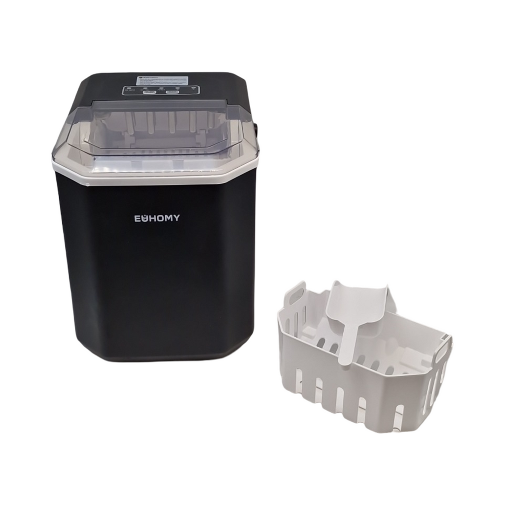 EUHOMY Eiswürfelmaschine für zu Hause: 9 Würfel in 6 Minuten, selbstreinigende Eismaschine, 12 kg/24 Stunden, 2 Eiswürfelgrößen, mit Griff/Schaufel/Korb, schwarz