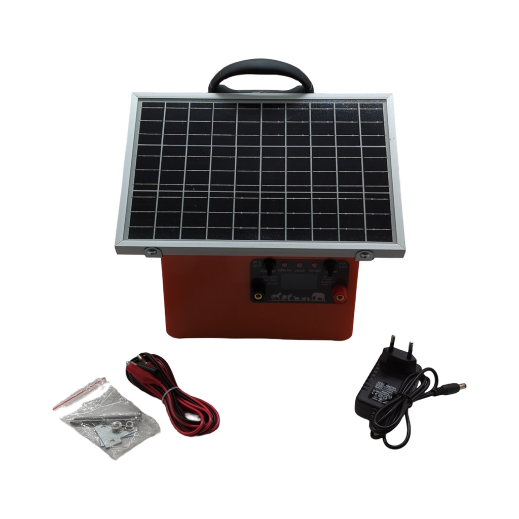 Weidezaungerät Solar 9V 12V Elektrozaungerät 0,5J 9,5KV 5W-Solarpanel 12V 7Ah Blei-Akku Erdungsset für Geflügel Vieh 2-32 km