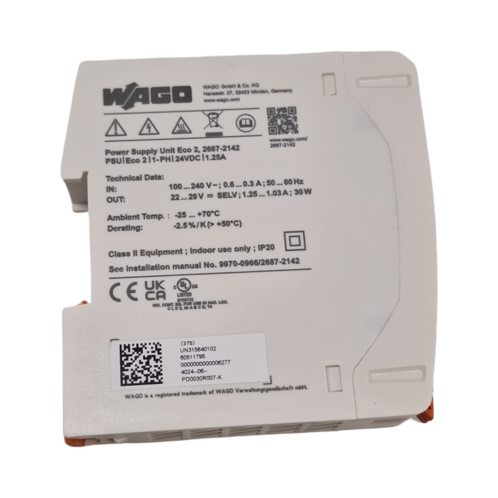 WAGO 2687-2142 Stromversorgung 1-phasig Hutschienen-Netzteil DC 24V 1,25A DC-OK LED