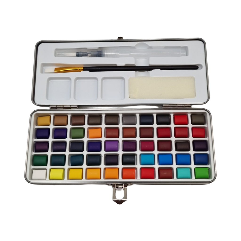 Paintersisters Aquarell Malkasten Farbkasten 50 Farbtöne mit Wassertank-Pinsel Metallkasten