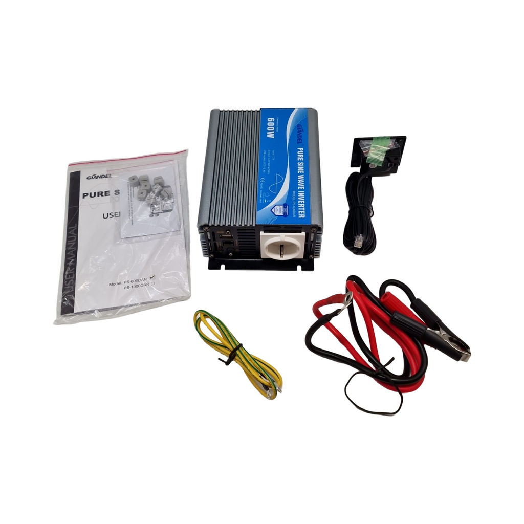 GI 600W Wechselrichter Reiner Sinus Spannungswandler 12V auf 230V Power Inverter mit Fernbedienung USB-Anschluss für Laptop Kamera Smartphone