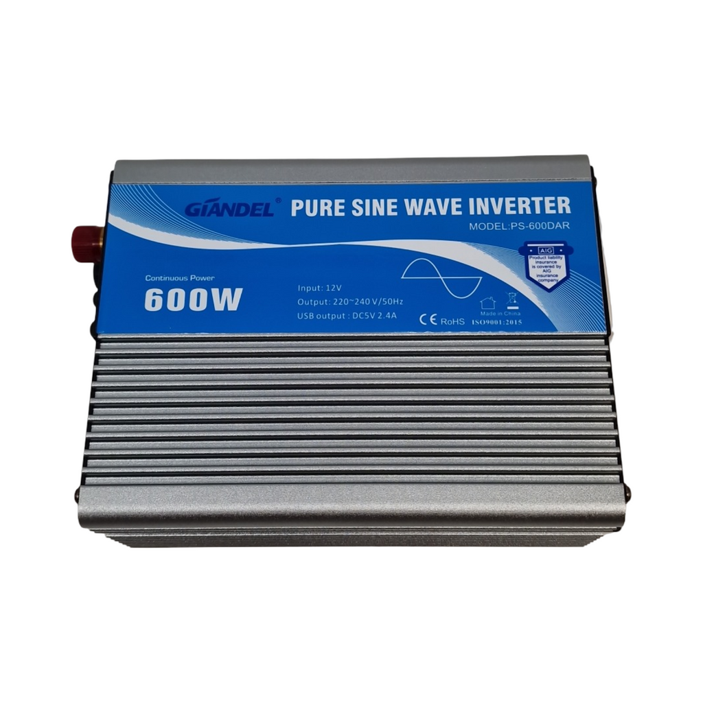 GI 600W Wechselrichter Reiner Sinus Spannungswandler 12V auf 230V Power Inverter mit Fernbedienung USB-Anschluss für Laptop Kamera Smartphone