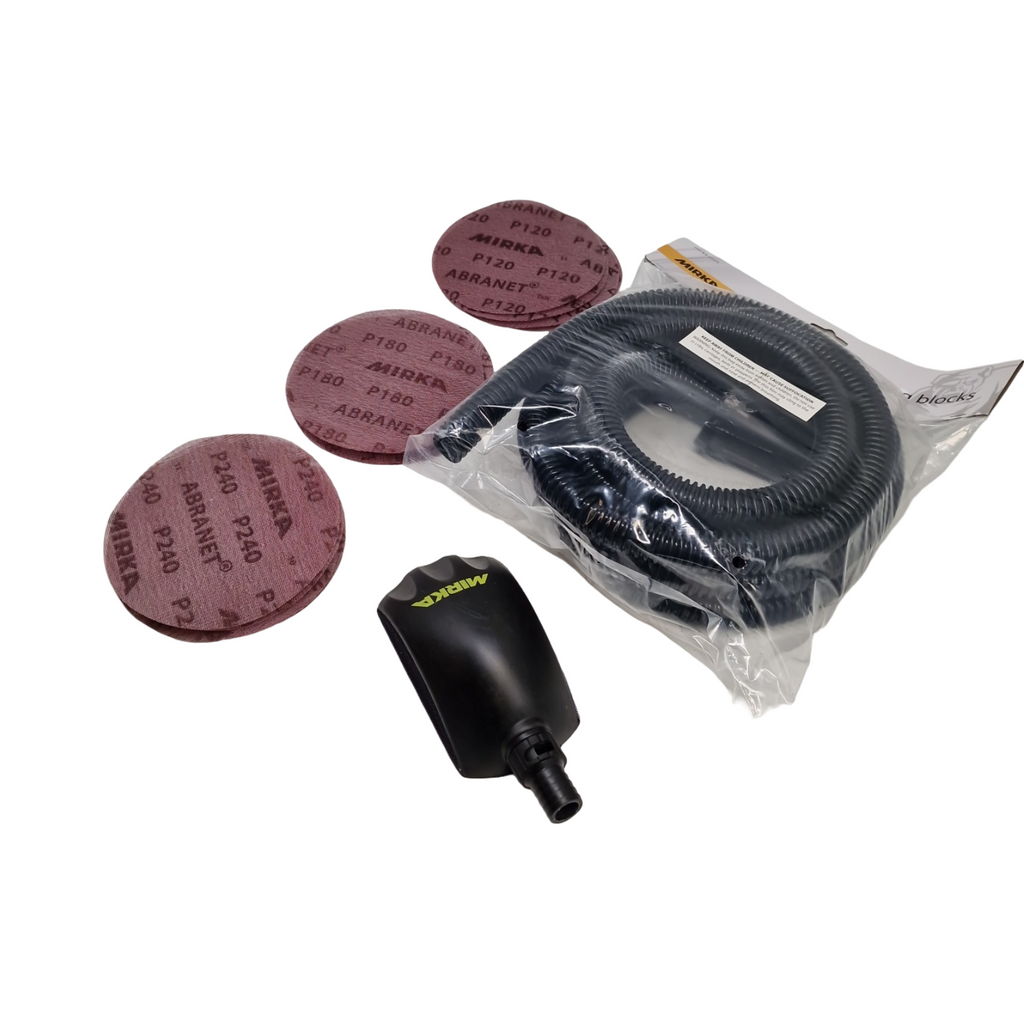 Mirka Roundy Handblock Schleifklotz mit Absaugung Klett Ø 150mm Set mit 4m Schlauch und 15 Abranet Netzschleifscheiben