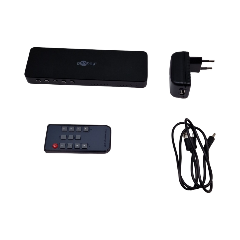 goobay HDMI Matrix Switch 4x2 4K 60Hz Umschalter Audio Extractor Toslink 3.5mm HDCP 2.2 für 2 Monitore