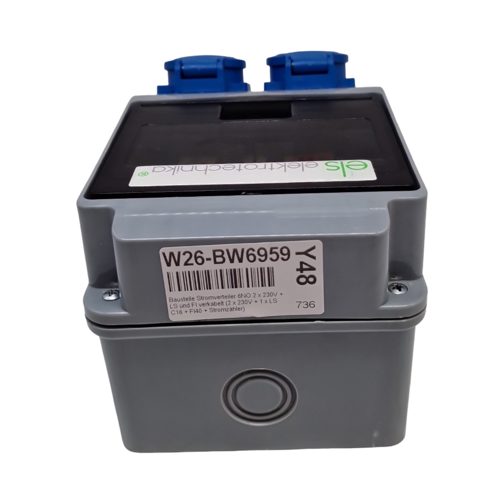 Stromverteiler Baustelle 6NO 2x230V mit Leitungsschutzschalter FI40 Stromzähler