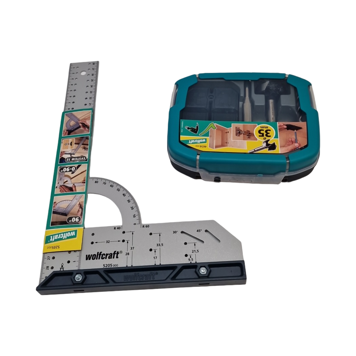 wolfcraft Projekt-Set Scharnierloch-Set mit Universalwinkel und Tieflochmarker für Ø 35 mm Topfscharniere Möbelbau DIY