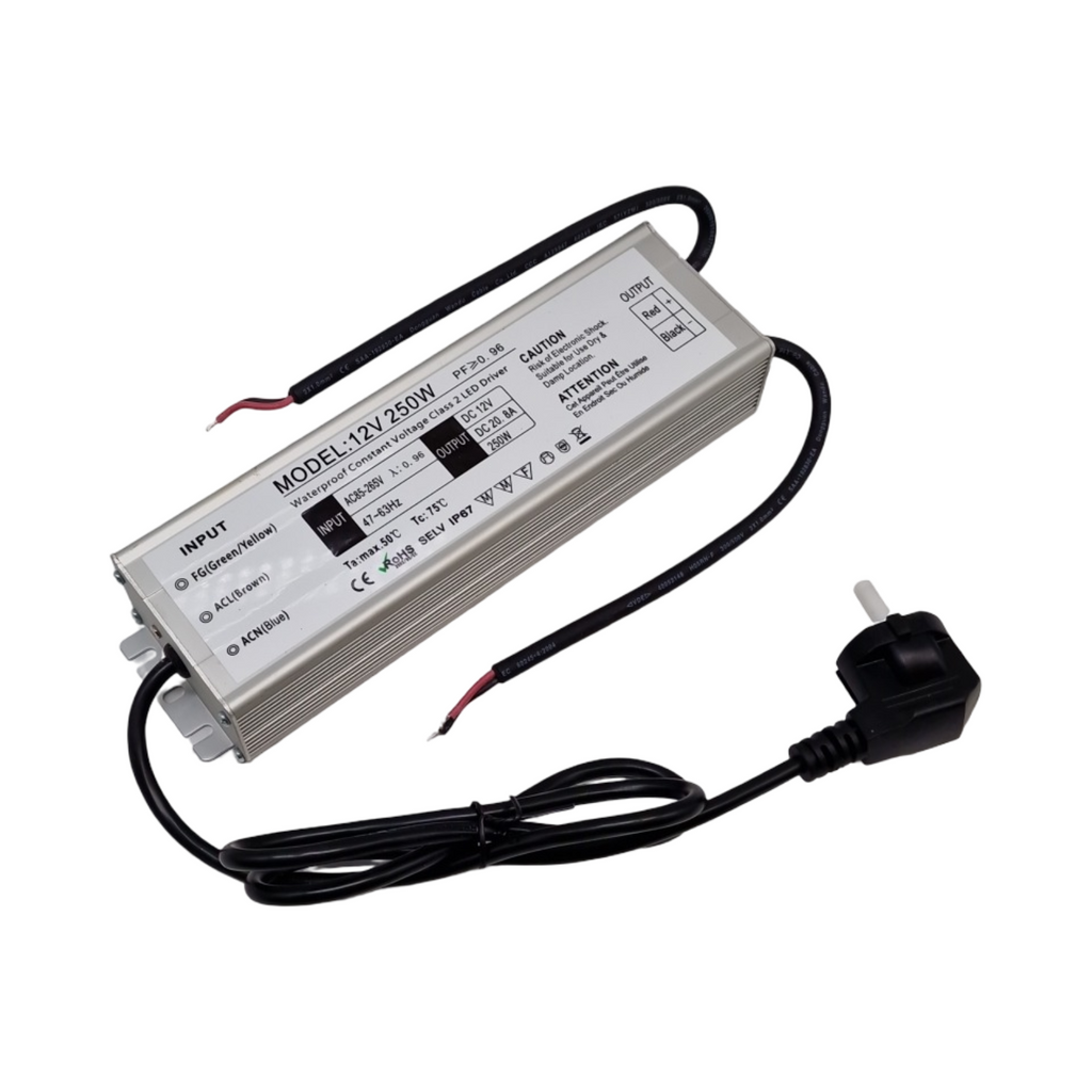 LED Trafo 12V 250W Transformator wasserdicht IP67 Outdoor Netzteil mit Stecker Adapter 230V auf 12V für LED-Streifen