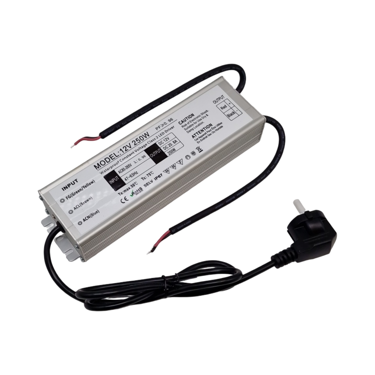 LED Trafo 12V 250W Transformator wasserdicht IP67 Outdoor Netzteil mit Stecker Adapter 230V auf 12V für LED-Streifen