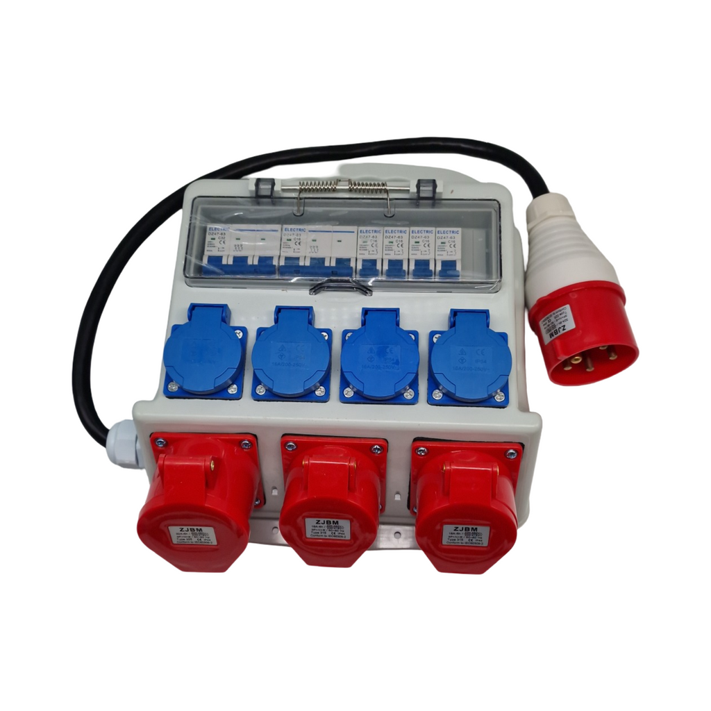 Warmfay Wandverteiler Stromverteiler vorverkabelt 4x 230V Schuko 2x CEE 16A 1x CEE 32A mit Leitungsschutzschalter