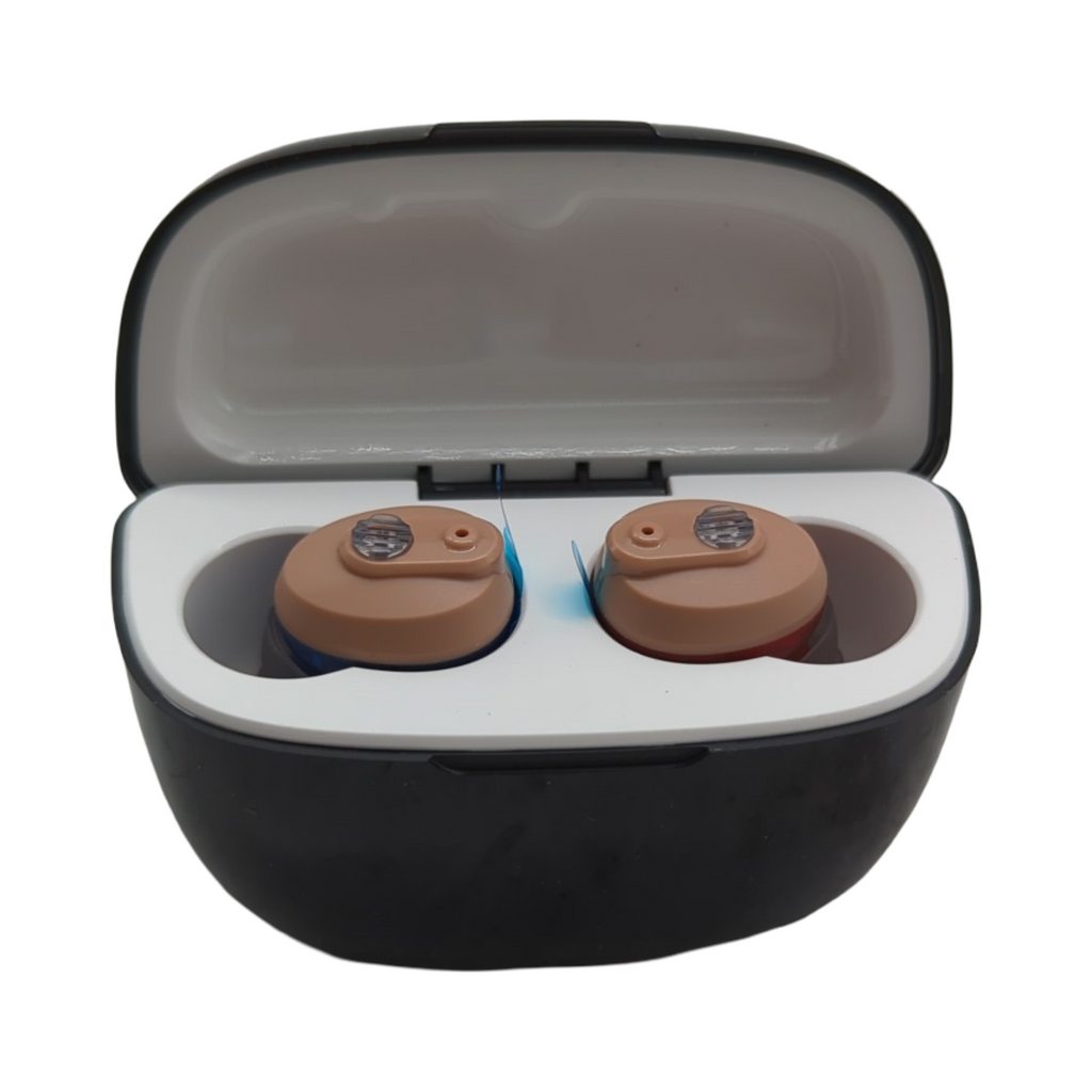 HIBRIQ Soundgerät In-Ear wiederaufladbar für Senioren und Erwachsene unsichtbares Design Lärmreduzierung Power Display lange Akkulaufzeit