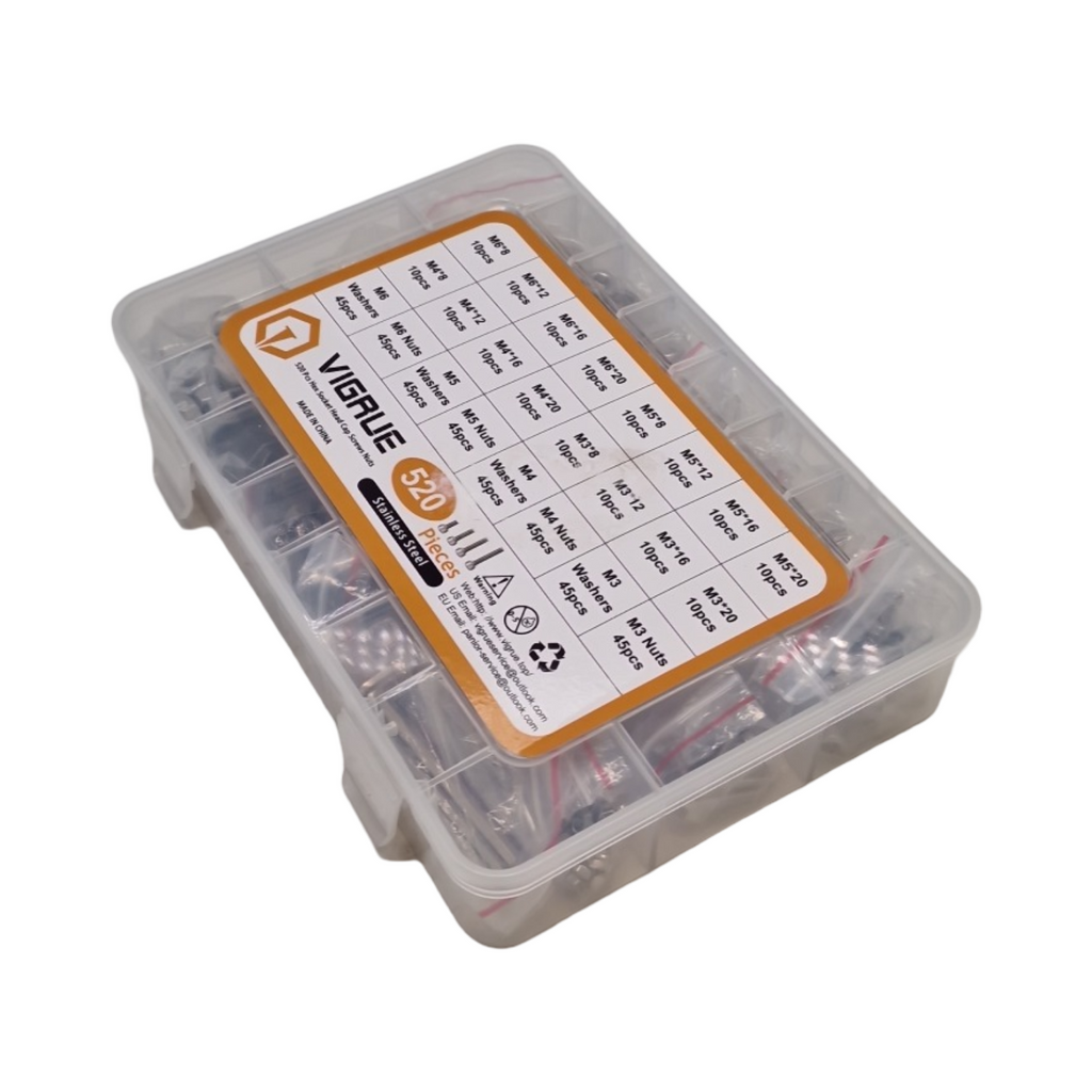 VIGRUE 520 Stück M3 M4 M5 M6 Innensechskant Schrauben Set 304 Edelstahl Vollgewinde Zylinderschrauben mit Muttern und Unterlegscheiben Sortiment Muttern und Unterlegscheiben im Sorti...