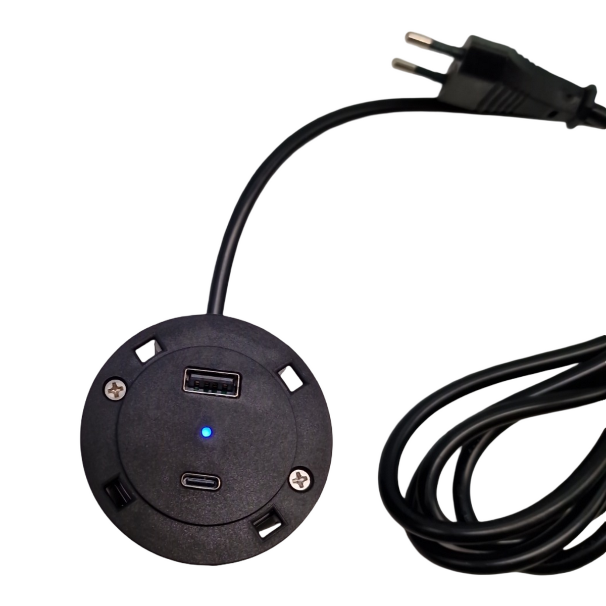 kalb USB-C Einbausteckdose HUB rund mit EU-Schutzkontakt-Stecker 45W für Arbeitsplatte Wand Möbel