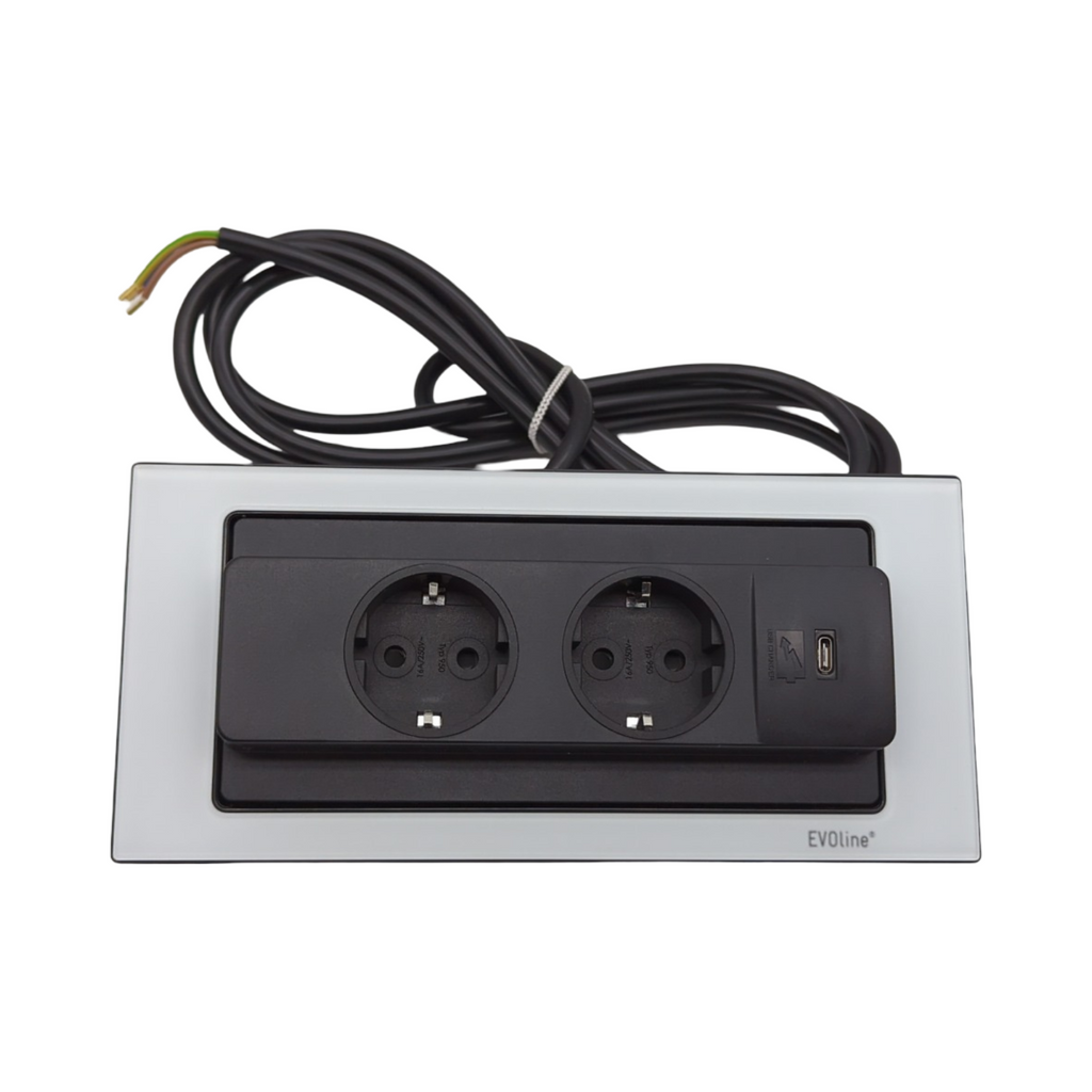 EVOline Backflip Steckdose 2-fach USB-C Ladegerät Kunststoff Glas weiß matt