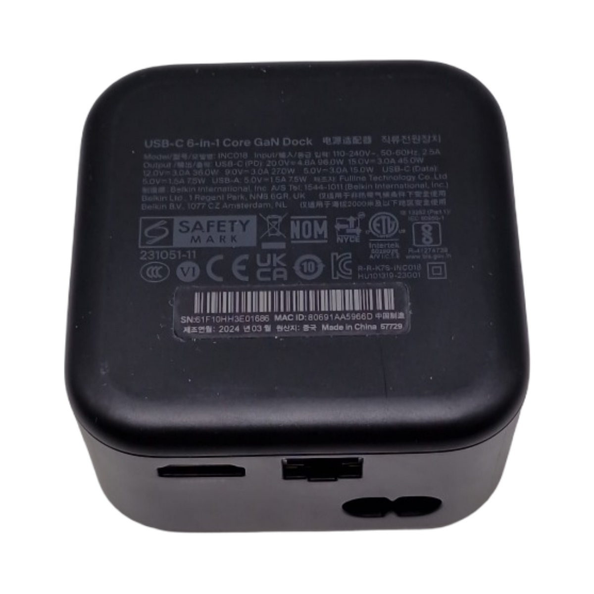Belkin Connect USB-C 6-in-1 GaN Docking Station mit 130W 96W PD Gigabit-Ethernet HDMI 4K USB-A