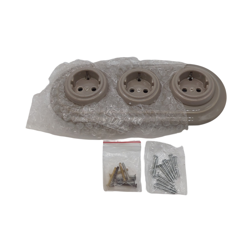 PR1 Unterputz Steckdose 3-fach Porzellan Retro Design Set graubeige