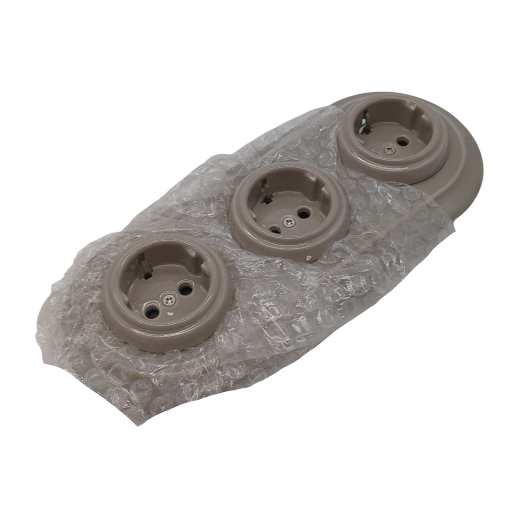PR1 Unterputz Steckdose 3-fach Porzellan Retro Design Set graubeige