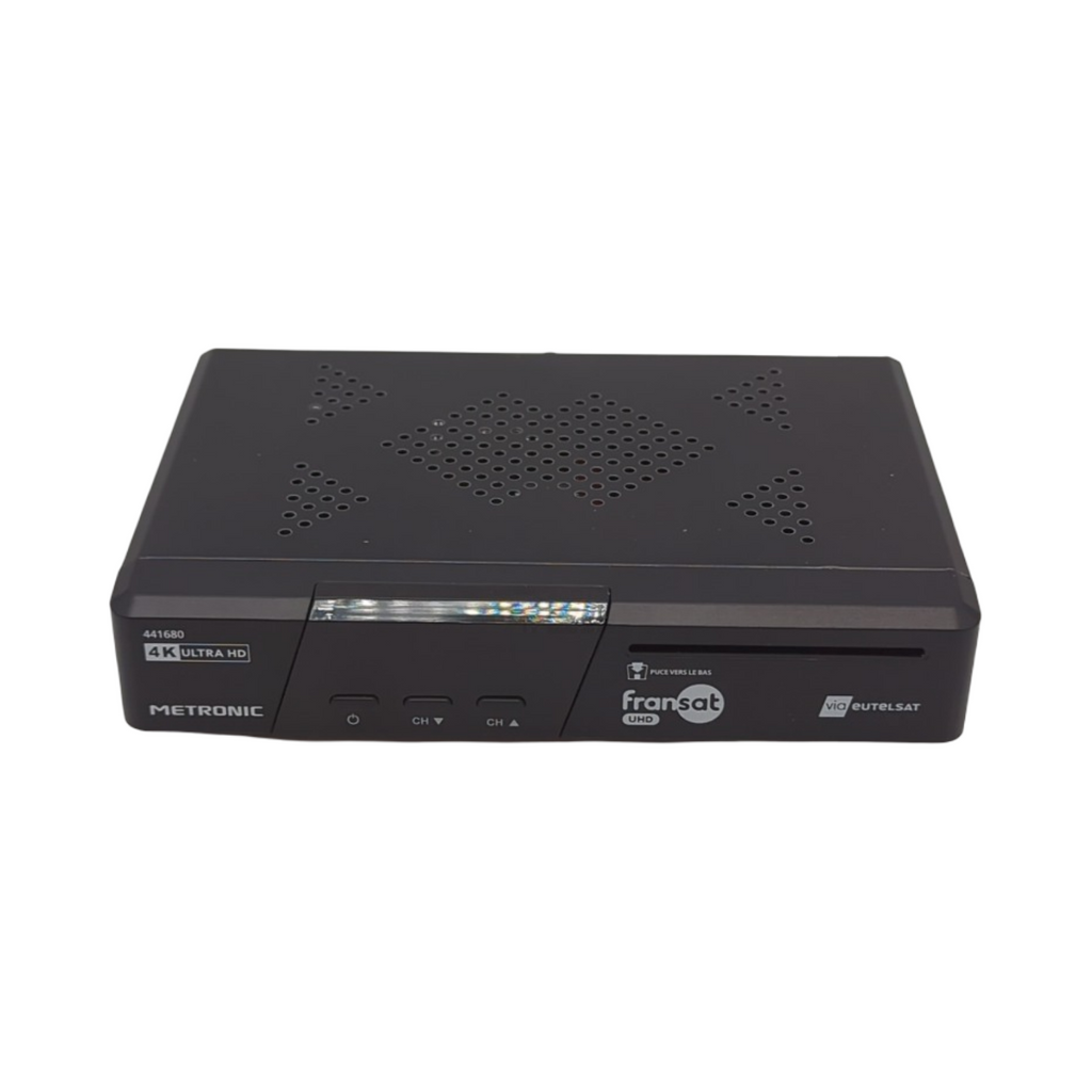 METRONIC 441680 Fransat 4K UHD HDR10 Satellit Decoder mit Dolby Atmos kostenloser TNT-Empfang Dual-Power-USB-Anschluss Fransat-Karte