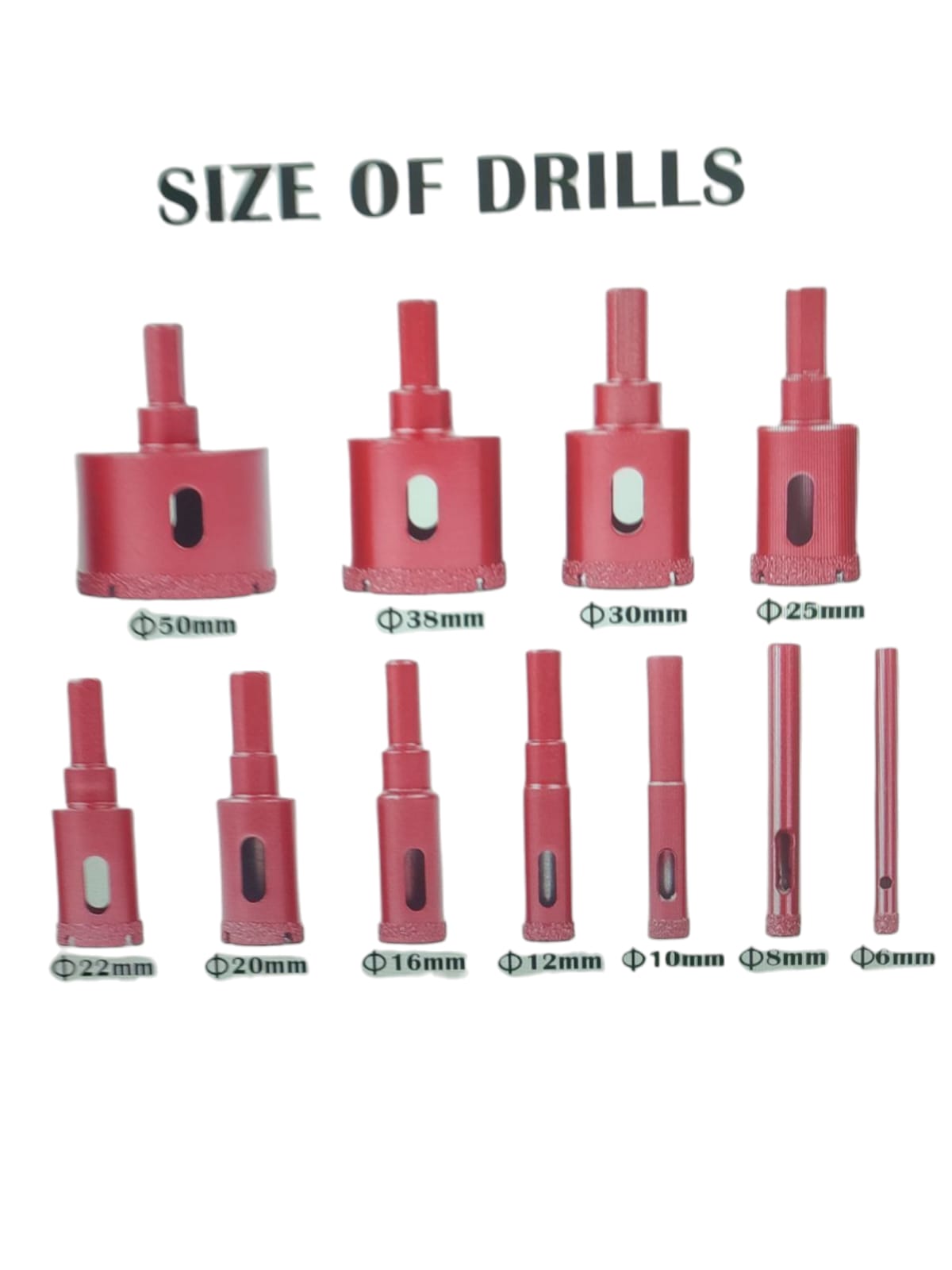 Diamond Drill Bit Set, 11-piece, Brazed, 6–50 mm Diameter