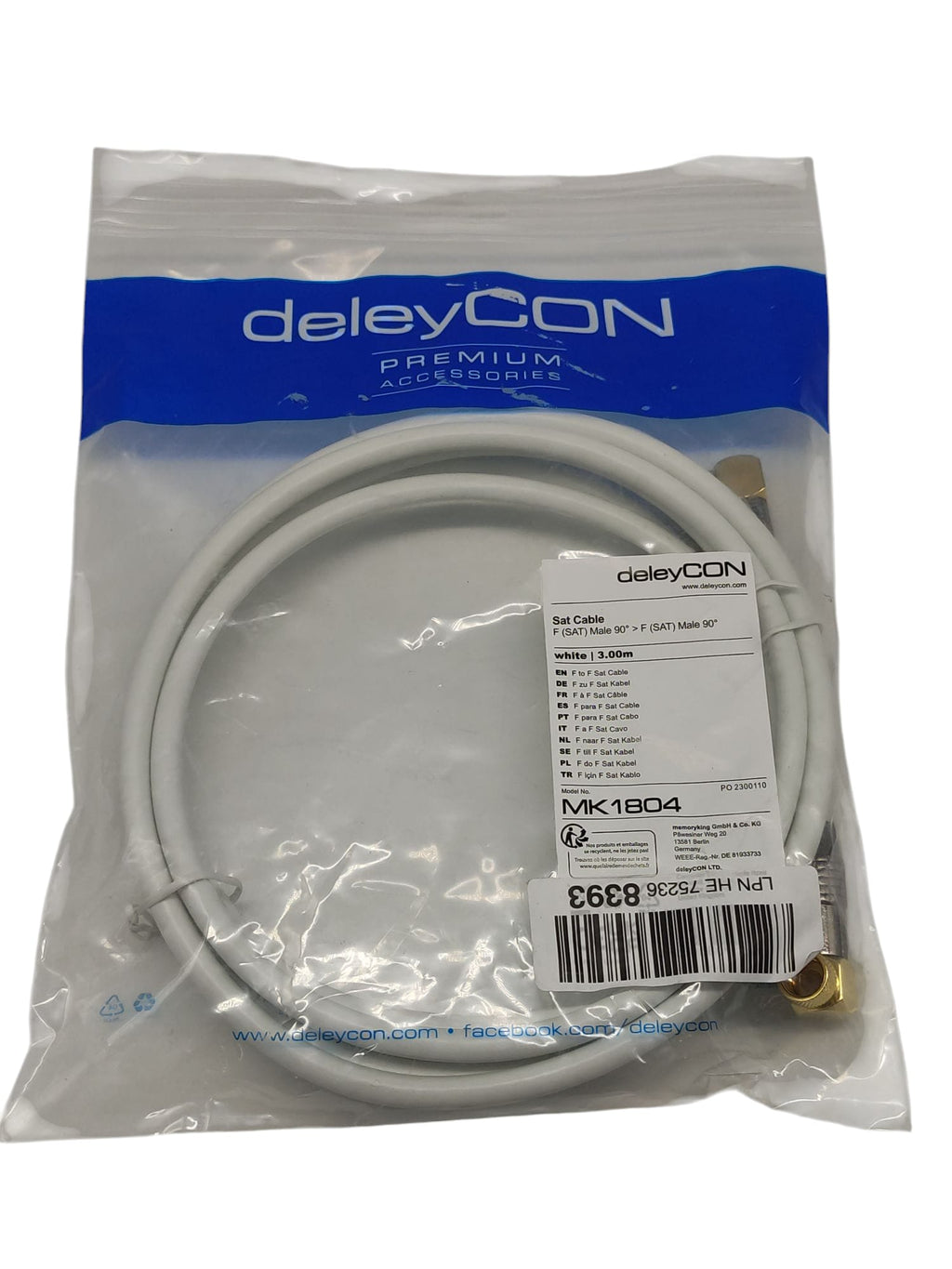 deleyCON Satellitenkabel Koaxialkabel 1x gewinkelt F-Stecker 3m Weiß